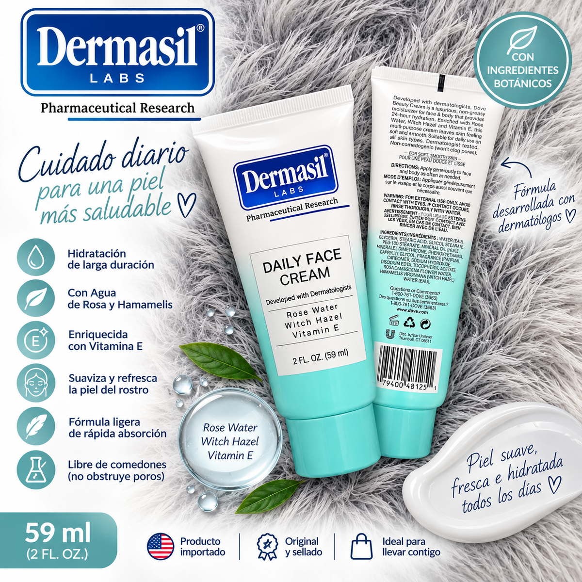 Crema Facial Dermasil Daily Face Cream Rose Water, Witch Hazel & Vitamin E